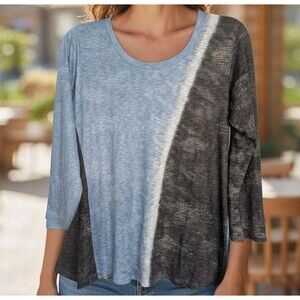 David Cline Top Womens Medium Blue Black 3/4 Sleeve Pullover Knit Shirt